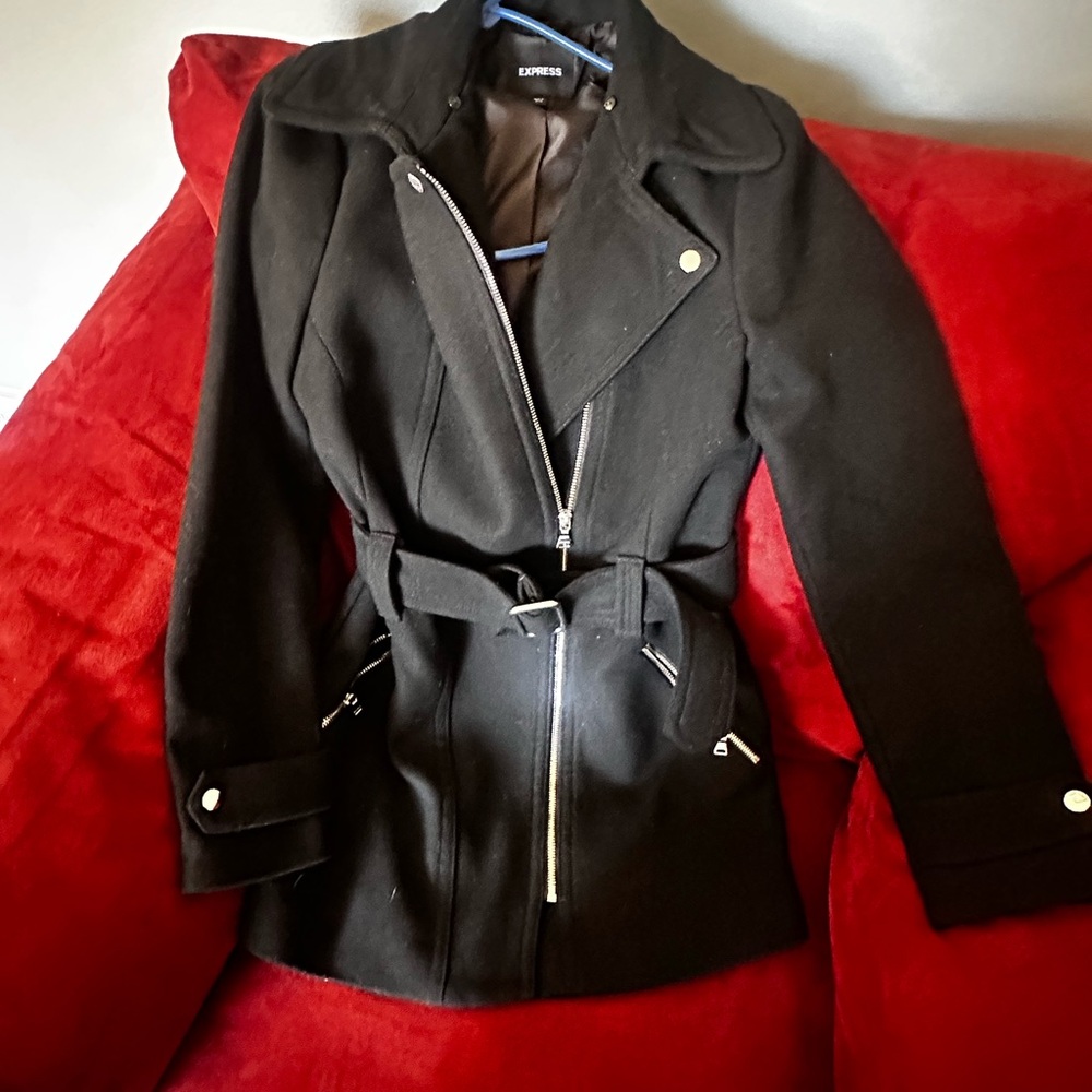 Express Black Belted Trench Coat with Asymmetric Zip and Notch Collar